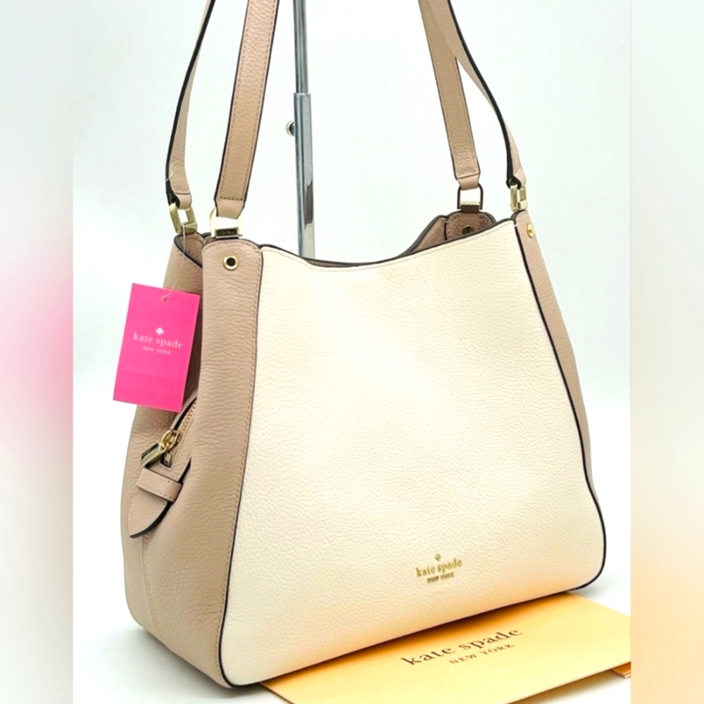 Kate Spade Leila Colorblock Cream and Tan Shoulder Bag Tote 3 Compartment Purse